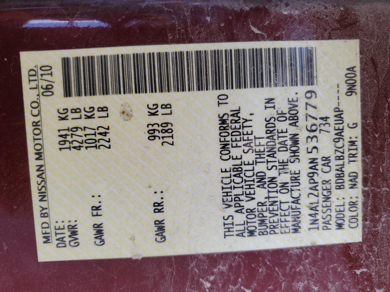 2010 Nissan Altima VIN 1N4AL2AP9AN536779 Copart auction photo, front end damage thumbnail 13