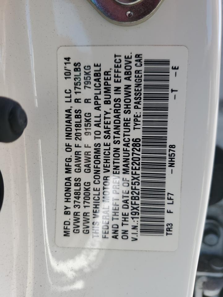 2015 Honda Civic VIN 19XFB2F5XFE207286 Copart auction photo, front end damage thumbnail 15