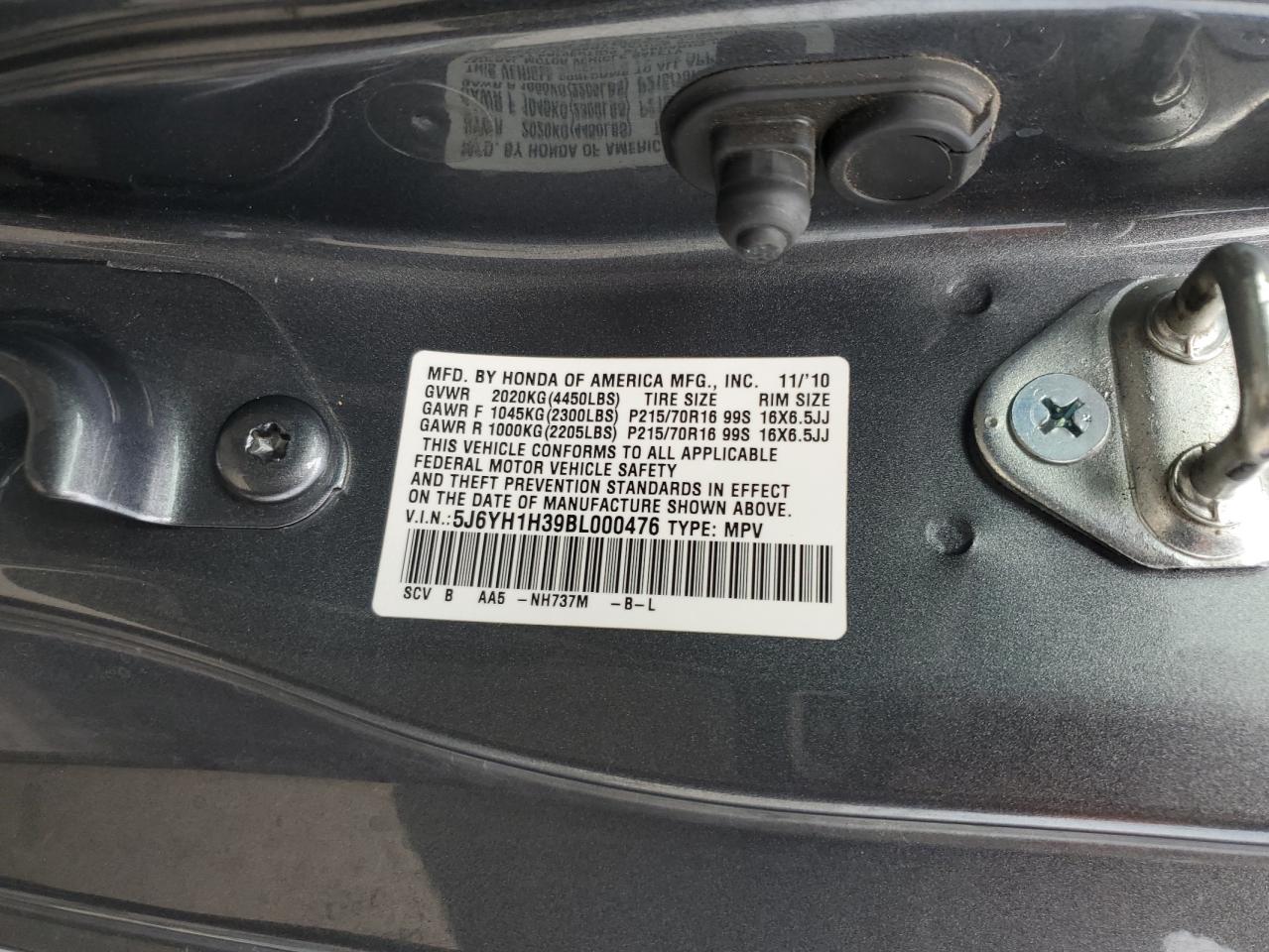 2011 Honda Element VIN 5J6YH1H39BL000476 Copart auction photo, rear end damage thumbnail 14