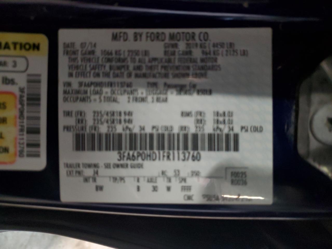 2015 Ford Fusion VIN 3FA6P0HD1FR113760 Copart auction photo, front end / minor dent/scratches damage thumbnail 12