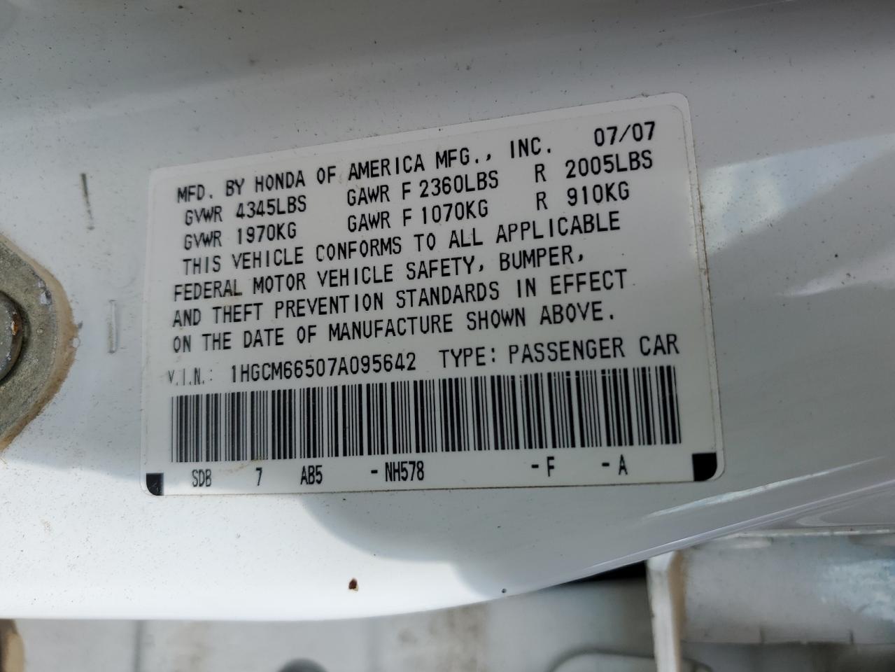2007 Honda Accord VIN 1HGCM66507A095642 Copart auction photo, water/flood damage thumbnail 13