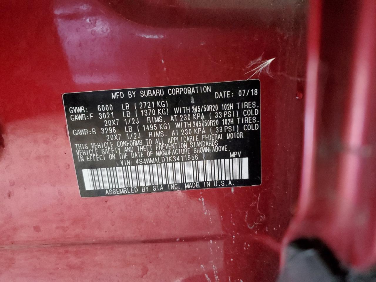 2019 Subaru Ascent VIN 4S4WMALD1K3411956 Copart auction photo, side damage thumbnail 13