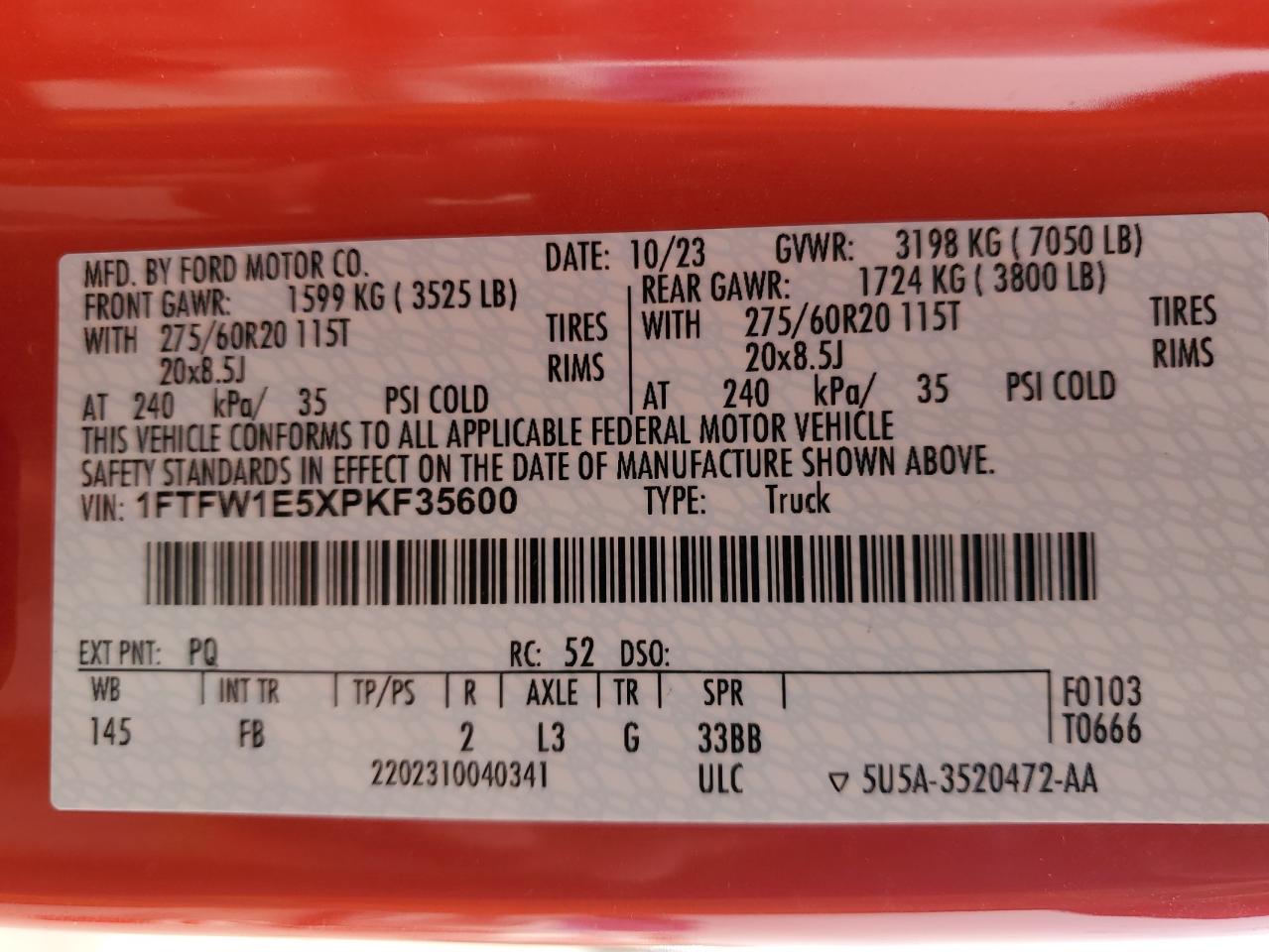 2023 Ford F-150 VIN 1FTFW1E5XPKF35600 Copart auction photo, stripped / hail damage thumbnail 14