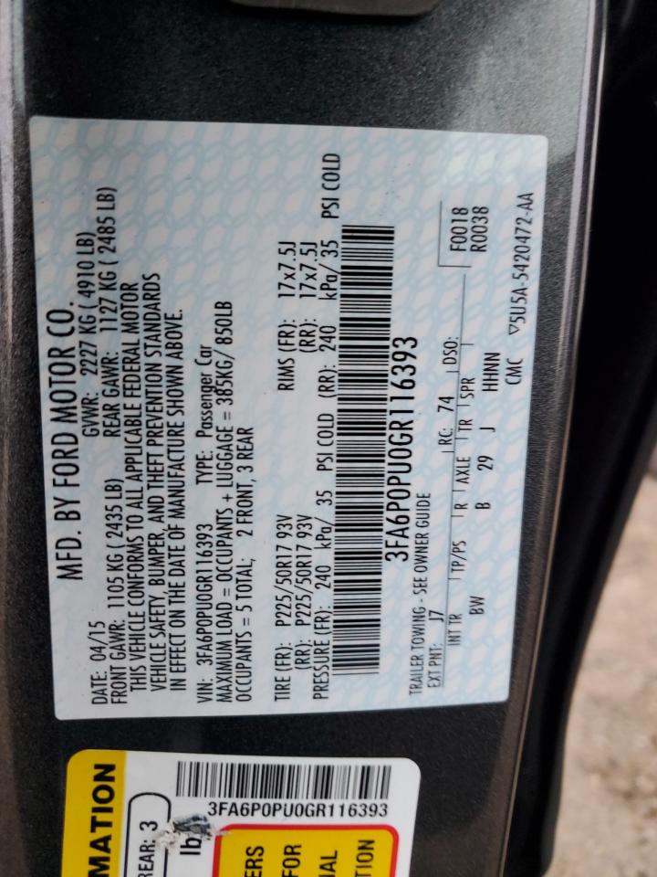 2016 Ford Fusion VIN 3FA6P0PU0GR116393 Copart auction photo, side damage thumbnail 12