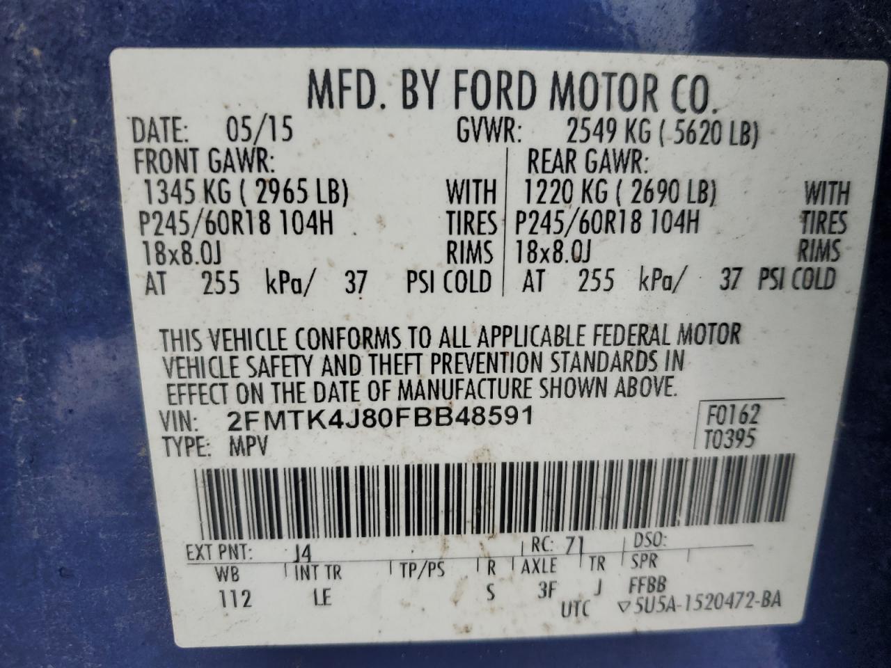2015 Ford Edge VIN 2FMTK4J80FBB48591 Copart auction photo, front end / side damage thumbnail 15