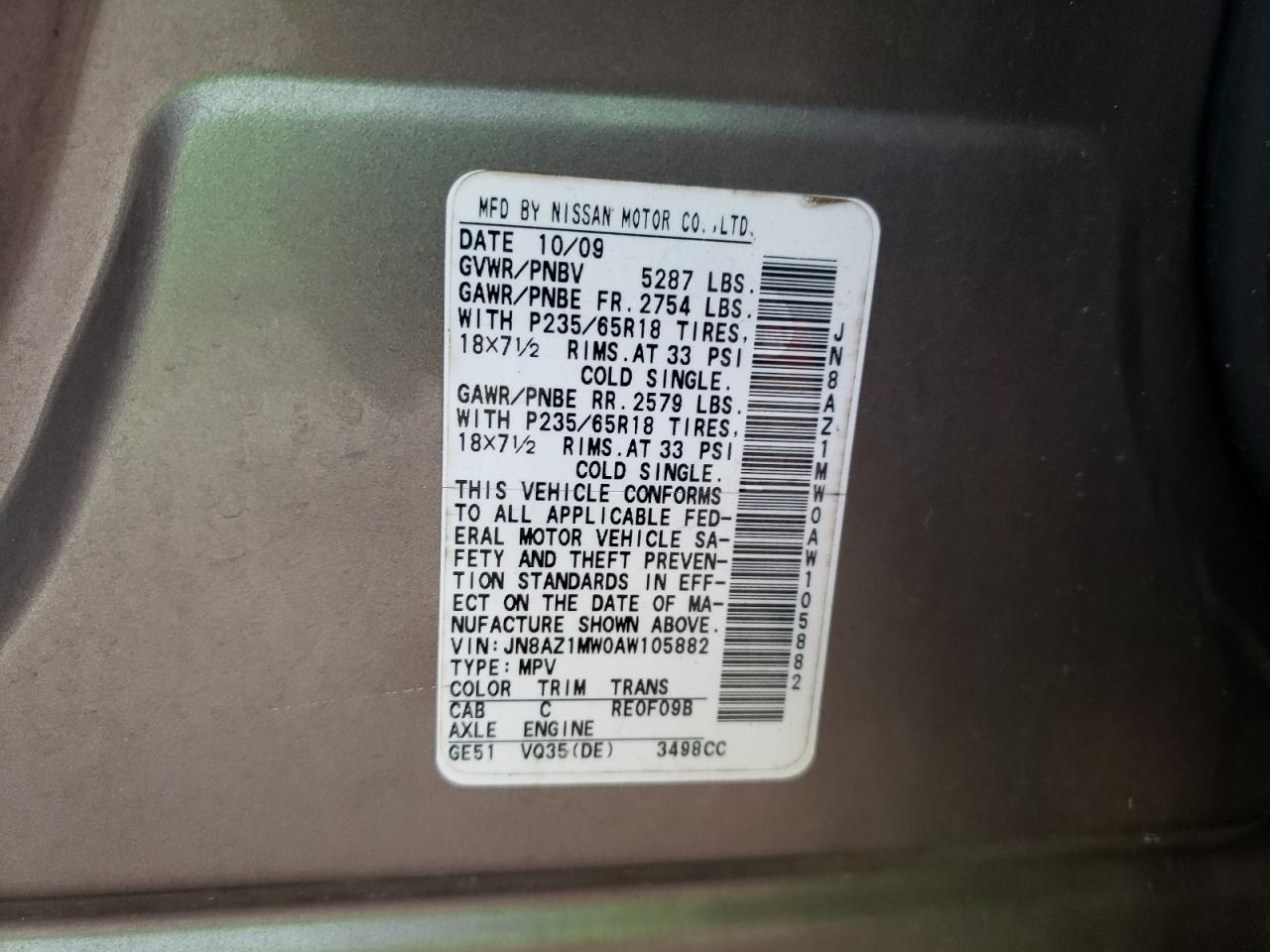 2010 Nissan Murano VIN JN8AZ1MW0AW105882 Copart auction photo, front end damage thumbnail 14