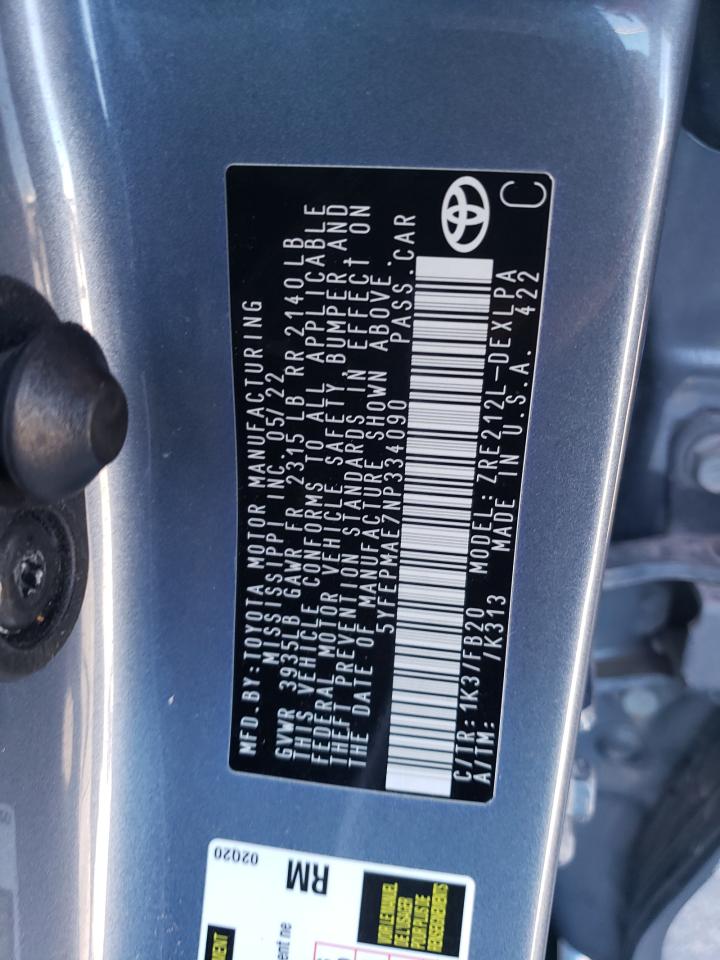 2022 Toyota Corolla VIN 5YFEPMAE7NP334090 Copart auction photo, front end damage thumbnail 12