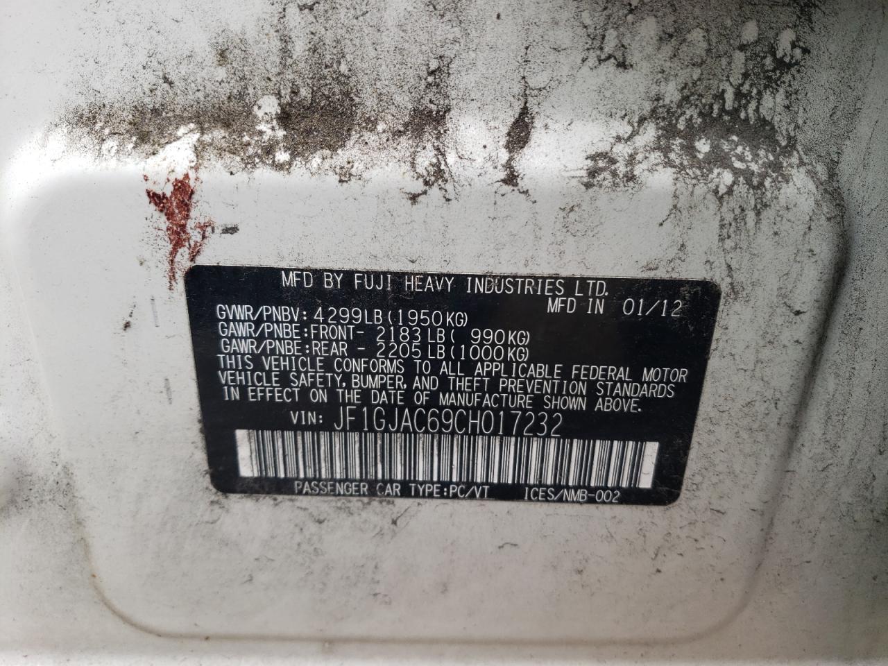 2012 Subaru Impreza VIN JF1GJAC69CH017232 Copart auction photo, rear end / minor dent/scratches damage thumbnail 12