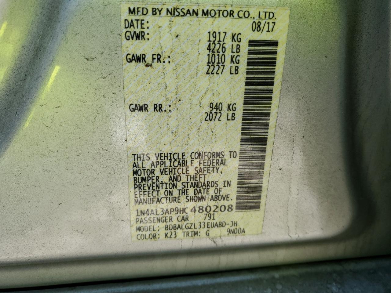 2017 Nissan Altima VIN 1N4AL3AP9HC480208 Copart auction photo, rear end / minor dent/scratches damage thumbnail 14
