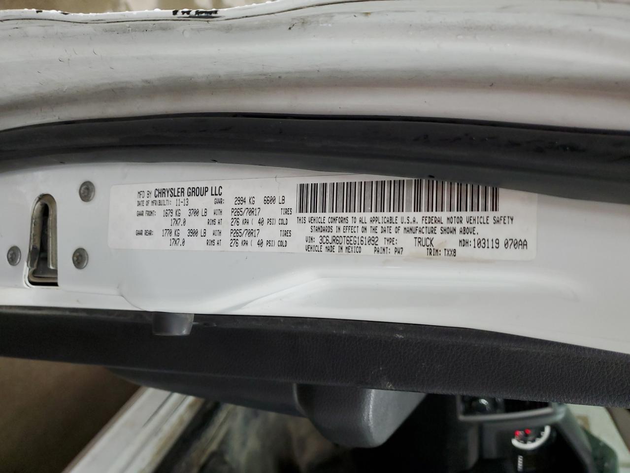 2014 RAM 1500 VIN 3C6JR6DT6EG161092 Copart auction photo, rear end damage thumbnail 12