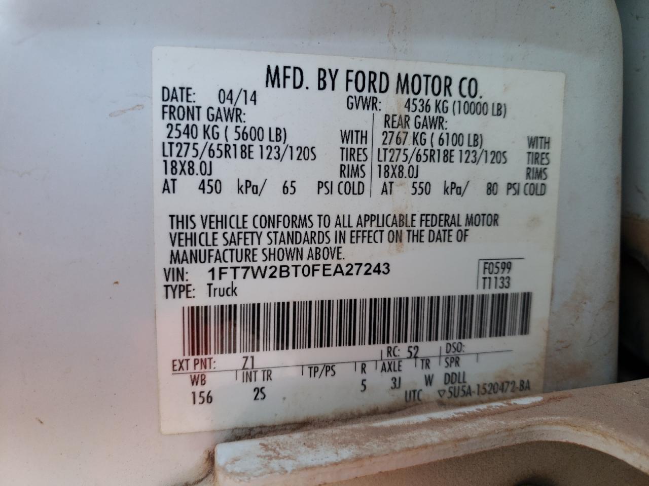 2015 Ford F250 VIN 1FT7W2BT0FEA27243 Copart auction photo, side damage thumbnail 12