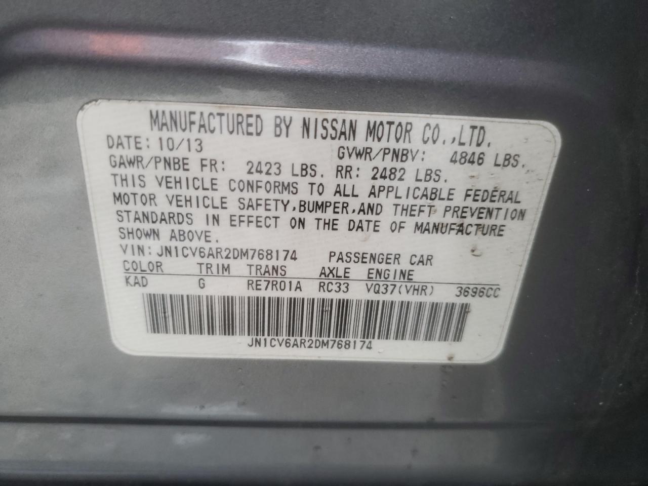 2013 Infiniti G VIN JN1CV6AR2DM768174 Copart auction photo, front end damage thumbnail 12