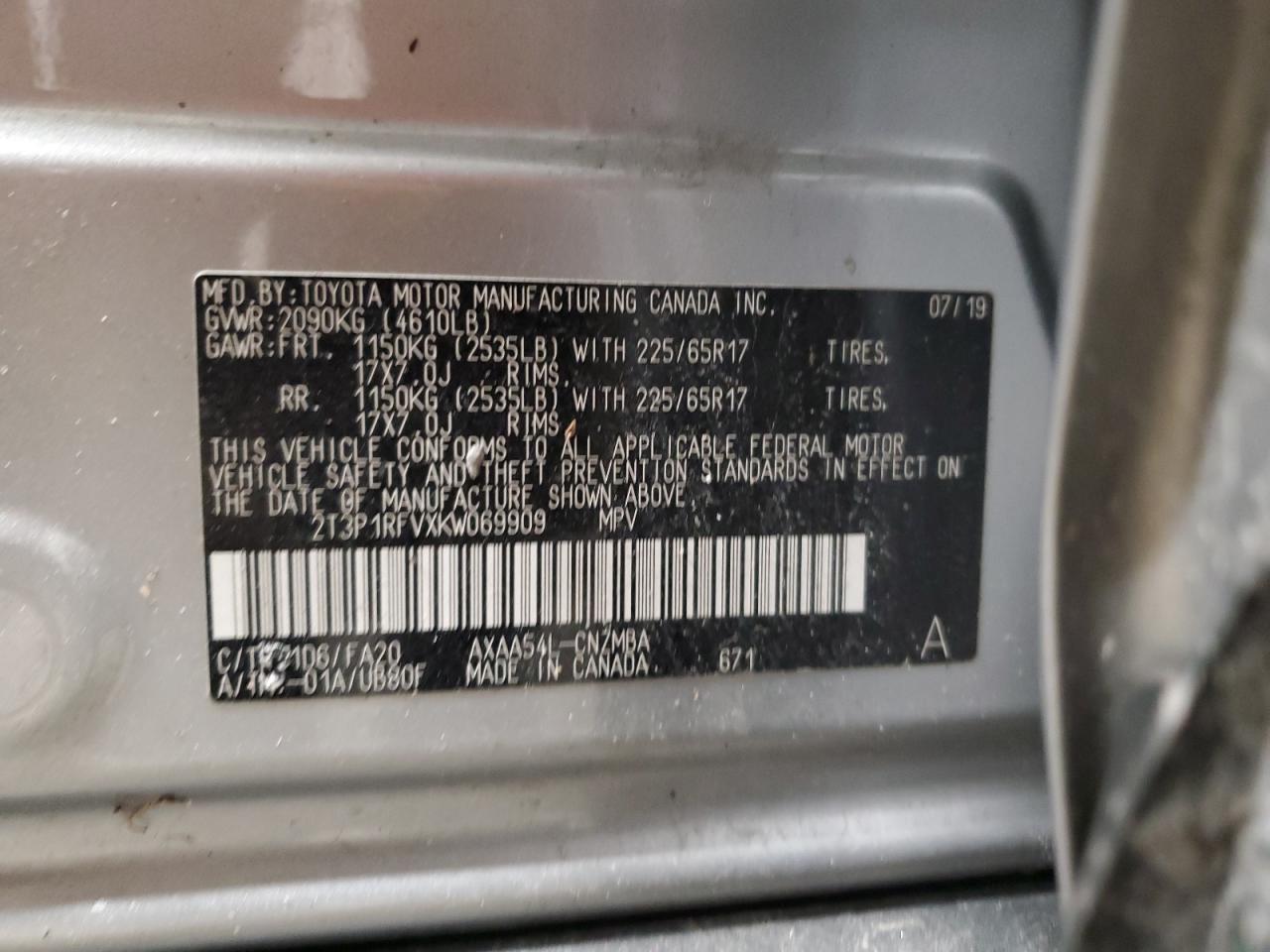 2019 Toyota RAV 4 VIN 2T3P1RFVXKW069909 Copart auction photo, rear end damage thumbnail 13