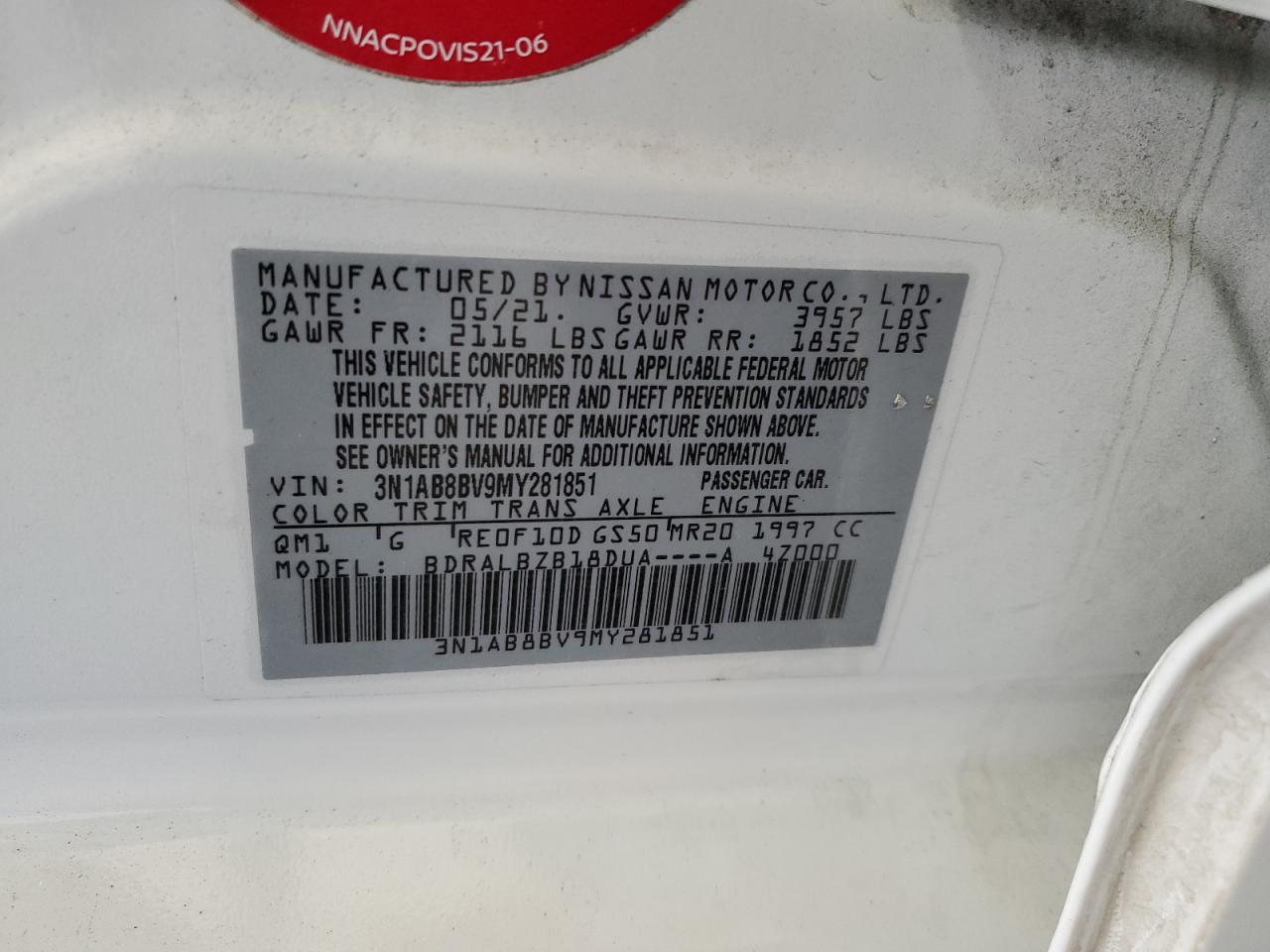 2021 Nissan Sentra VIN 3N1AB8BV9MY281851 Copart auction photo, front end damage thumbnail 14