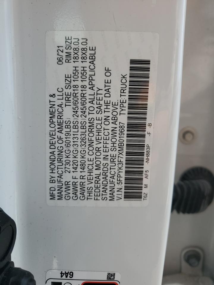 2021 Honda Ridgeline VIN 5FPYK3F7XMB019687 Copart auction photo, rear end / side damage thumbnail 13