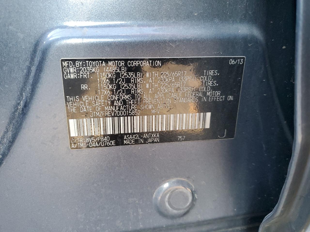 2013 Toyota RAV 4 VIN JTMZFREV7DD015852 Copart auction photo, side / front end damage thumbnail 13