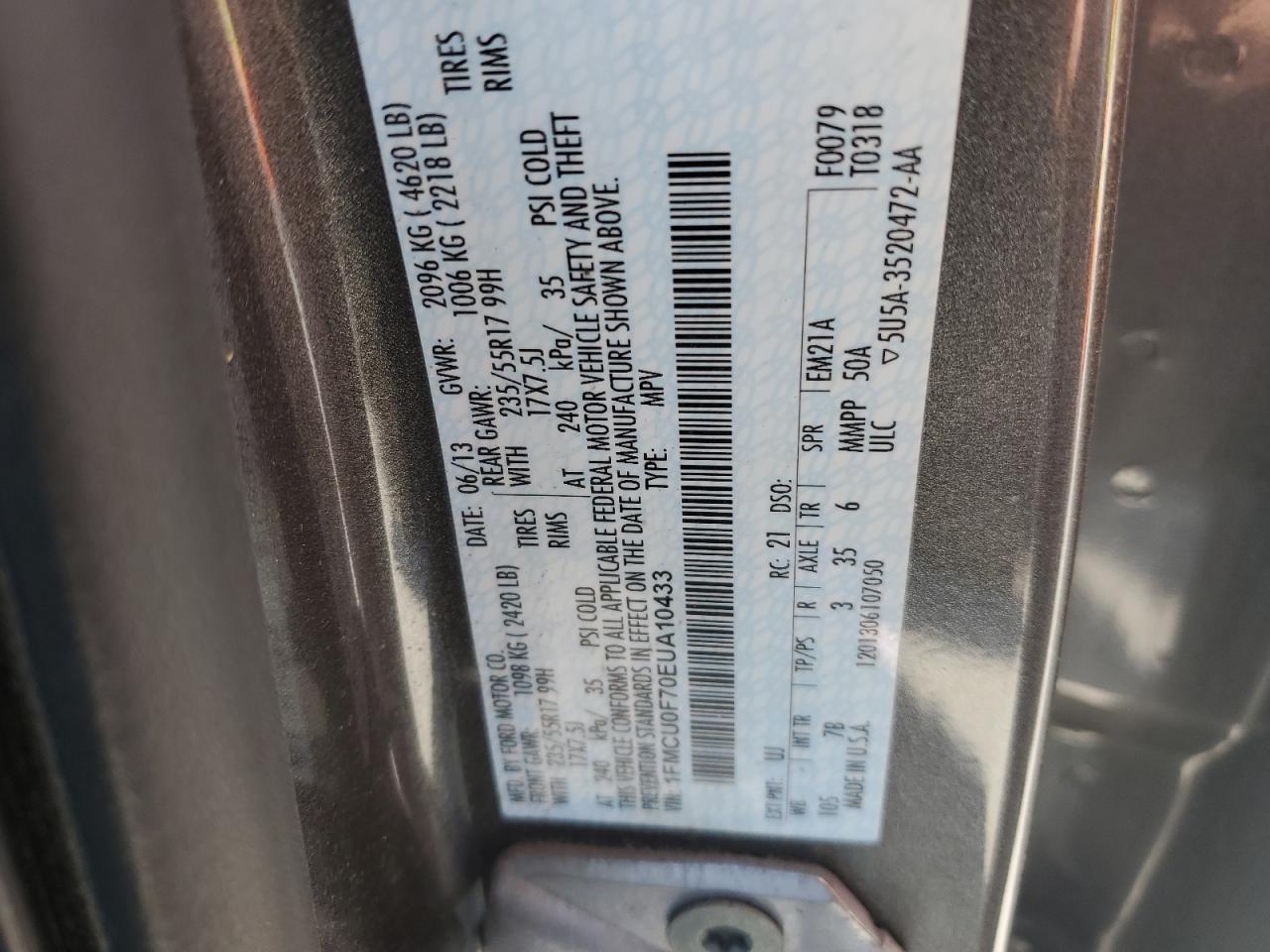 2014 Ford Escape VIN 1FMCU0F70EUA10433 Copart auction photo, front end / rear end damage thumbnail 13