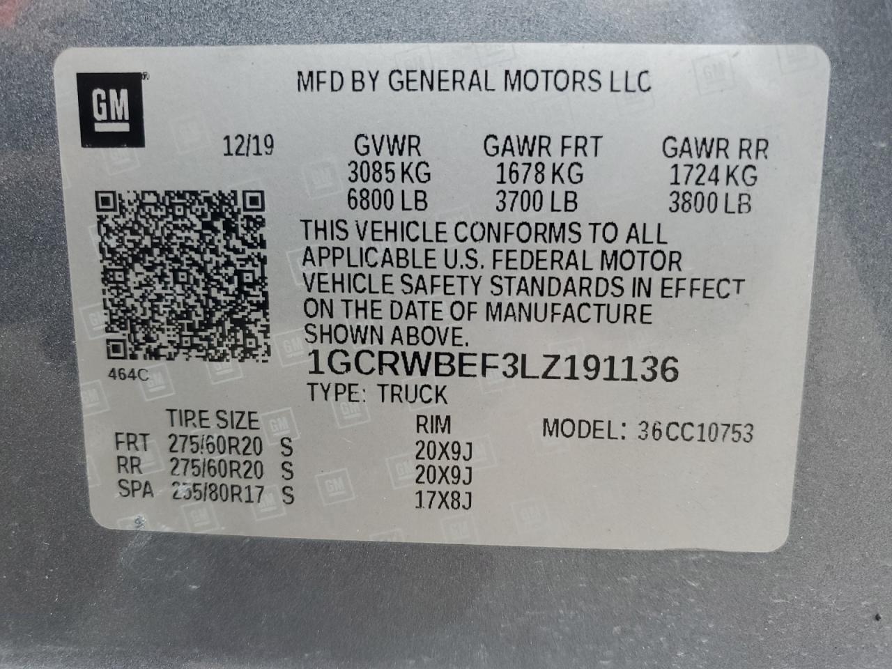 2020 Chevrolet Silverado VIN 1GCRWBEF3LZ191136 Copart auction photo, side / minor dent/scratches damage thumbnail 14