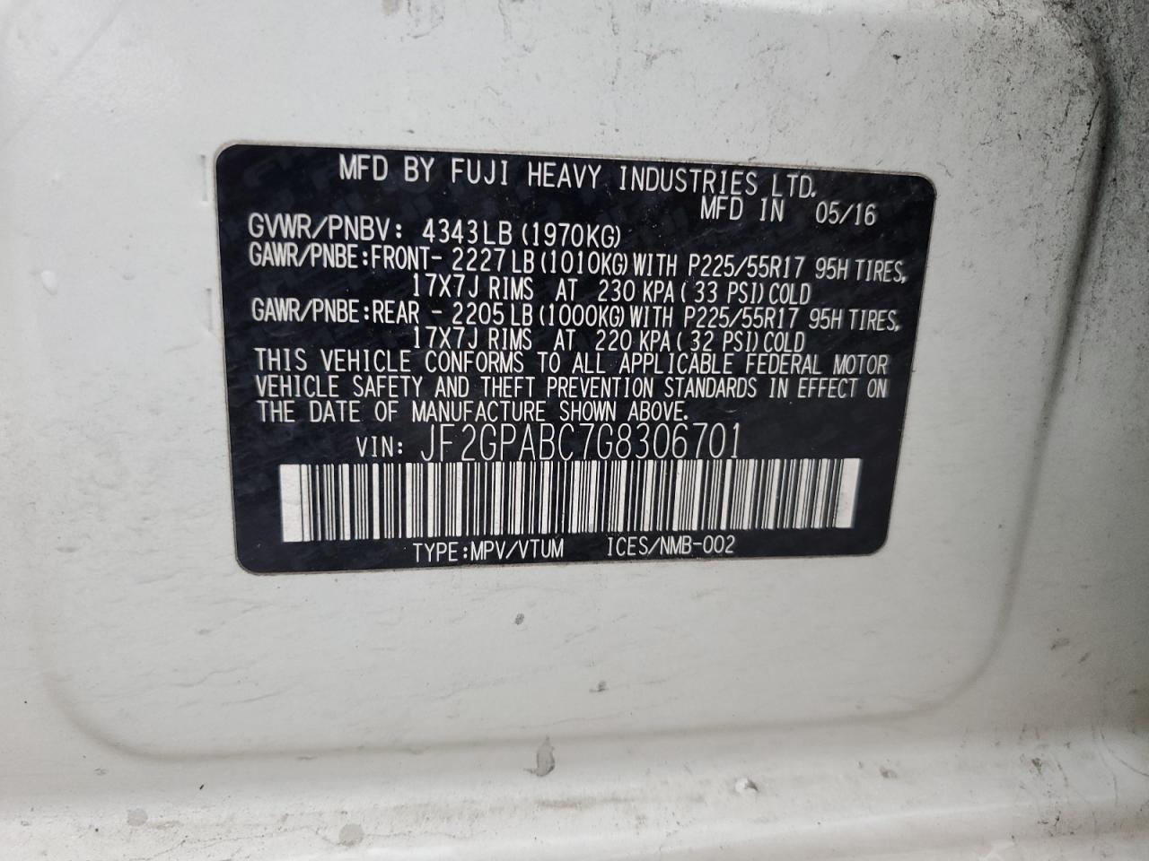 2016 Subaru XV VIN JF2GPABC7G8306701 Copart auction photo, minor dent/scratches damage thumbnail 13