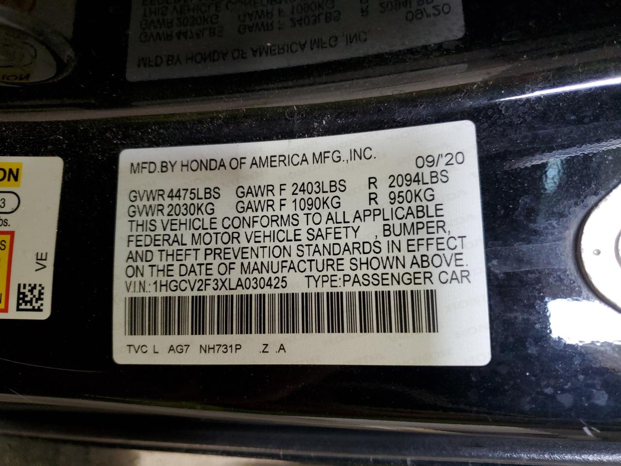2020 Honda Accord VIN 1HGCV2F3XLA030425 Copart auction photo, front end / undercarriage damage thumbnail 15