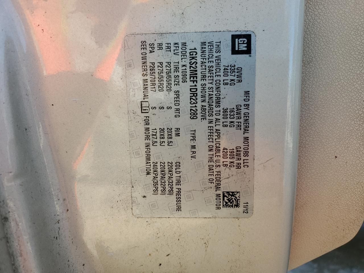 2013 GMC Yukon VIN 1GKS2MEF1DR231289 Copart auction photo, mechanical damage thumbnail 13