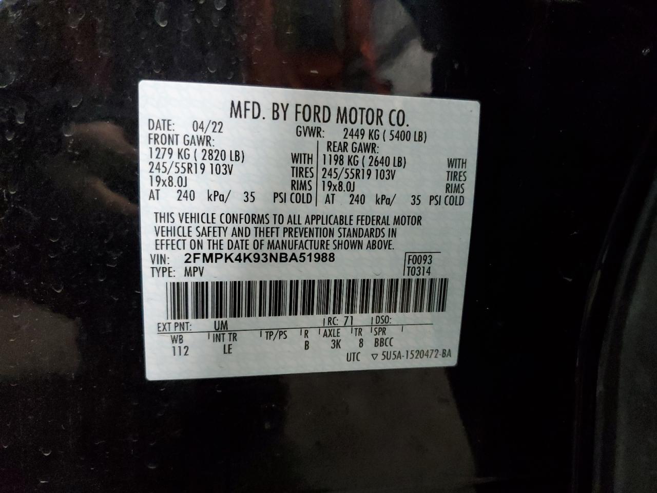2022 Ford Edge VIN 2FMPK4K93NBA51988 Copart auction photo, front end / side damage thumbnail 14