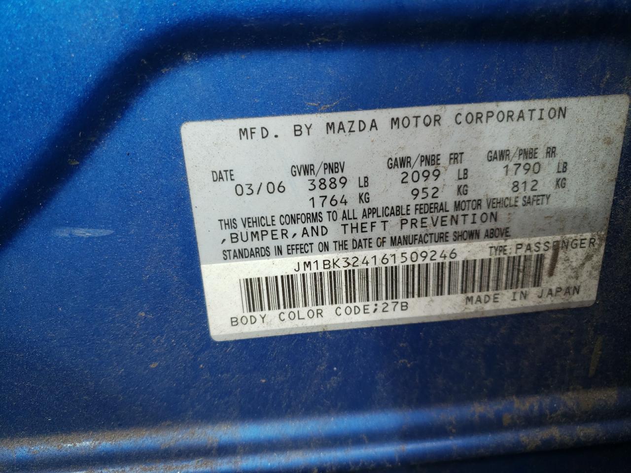 2006 Mazda 3 VIN JM1BK324161509246 Copart auction photo, rear end / side damage thumbnail 13