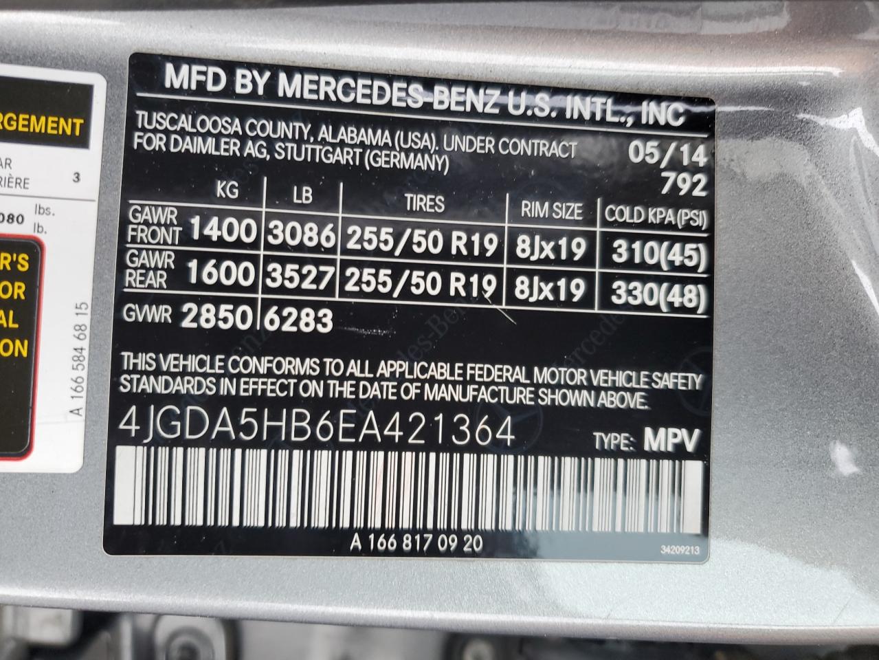 2014 Mercedes-Benz M-klasse VIN 4JGDA5HB6EA421364 Copart auction photo, front end damage thumbnail 15
