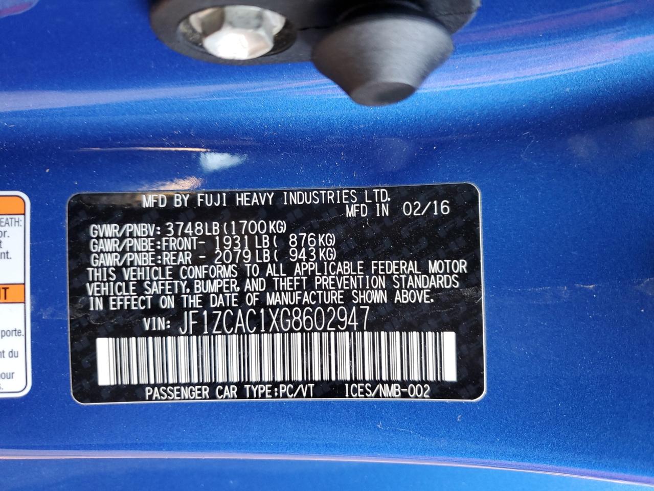 2016 Subaru BRZ VIN JF1ZCAC1XG8602947 Copart auction photo, front end / undercarriage damage thumbnail 14