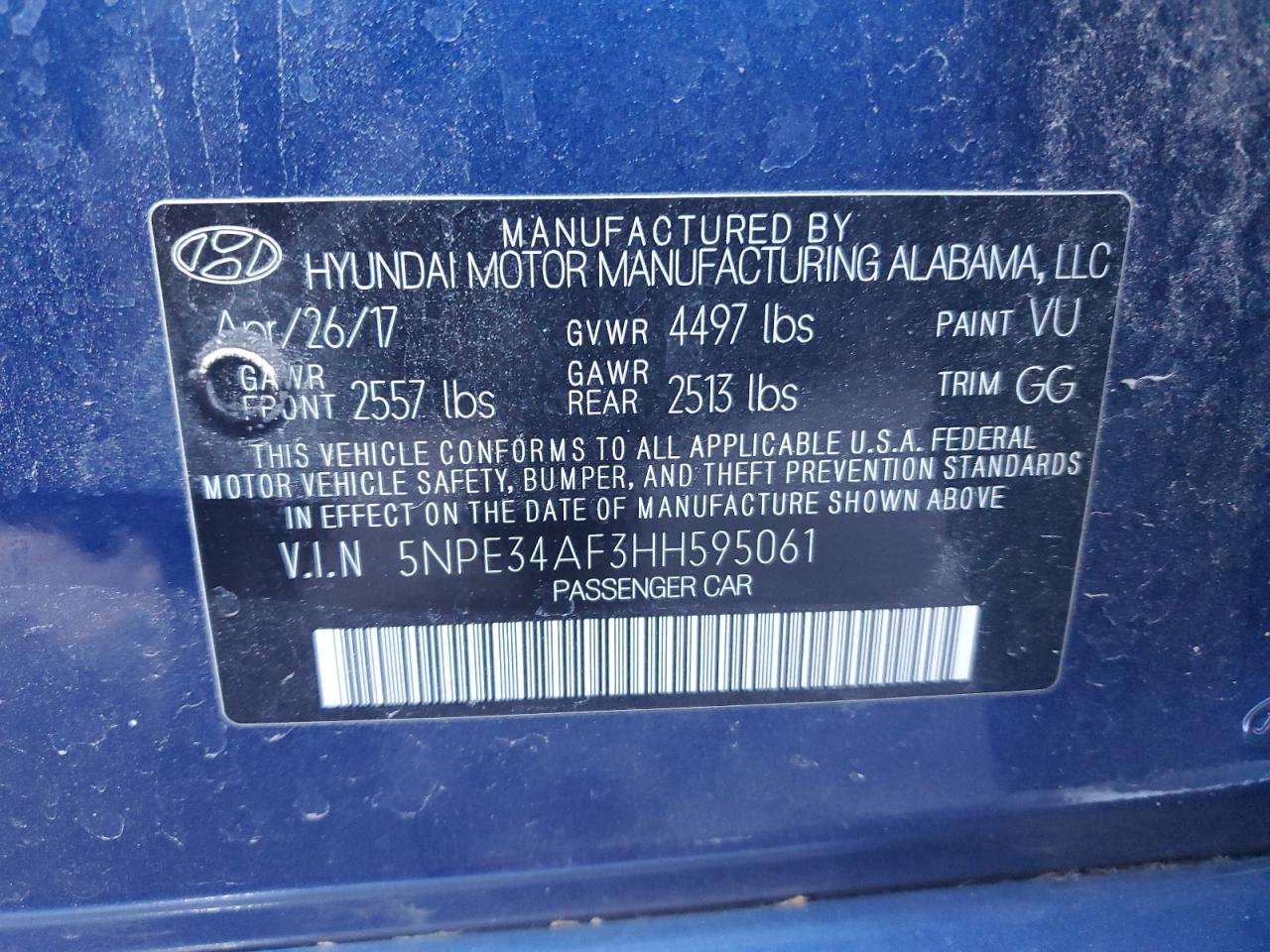 2017 Hyundai Sonata VIN 5NPE34AF3HH595061 Copart auction photo, front end damage thumbnail 12