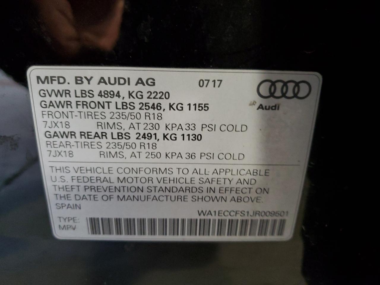 2018 Audi Q3 VIN WA1ECCFS1JR009501 Copart auction photo, front end / side damage thumbnail 13
