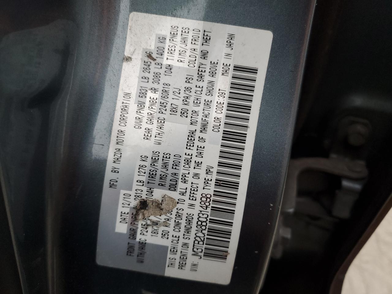 2011 Mazda CX-9 VIN JM3TB2CA8B0314898 Copart auction photo, top/roof damage thumbnail 13