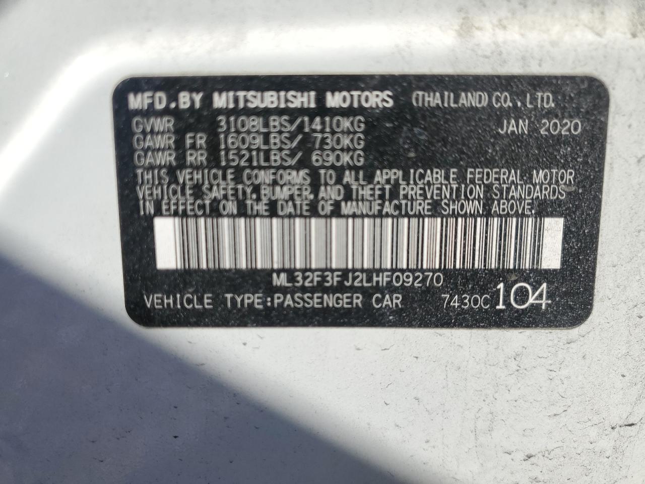 2020 Mitsubishi Mirage VIN ML32F3FJ2LHF09270 Copart auction photo, rear end damage thumbnail 15