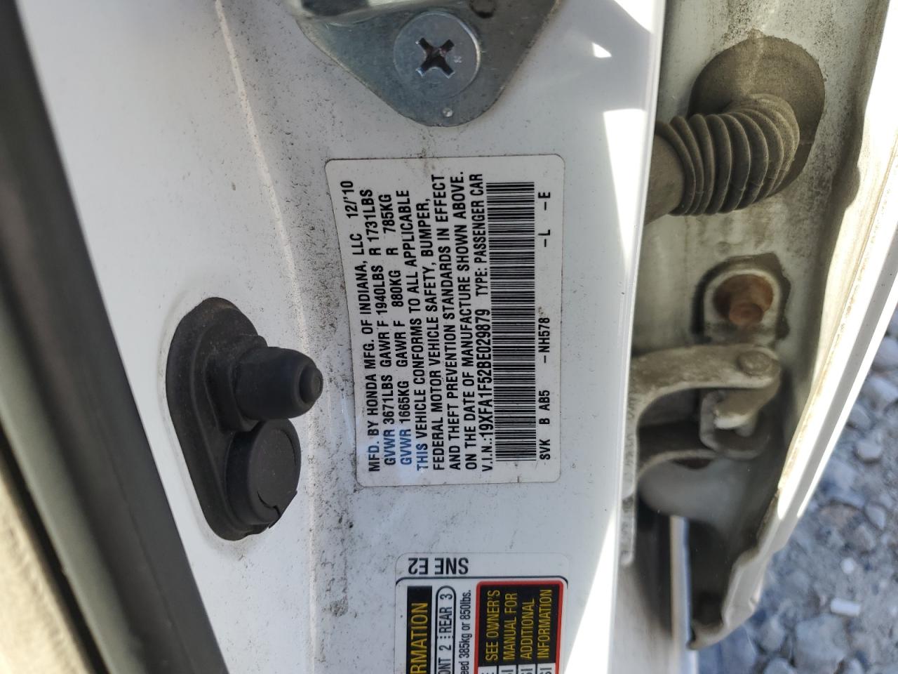 2011 Honda Civic VIN 19XFA1F52BE029879 Copart auction photo, mechanical / front end damage thumbnail 14