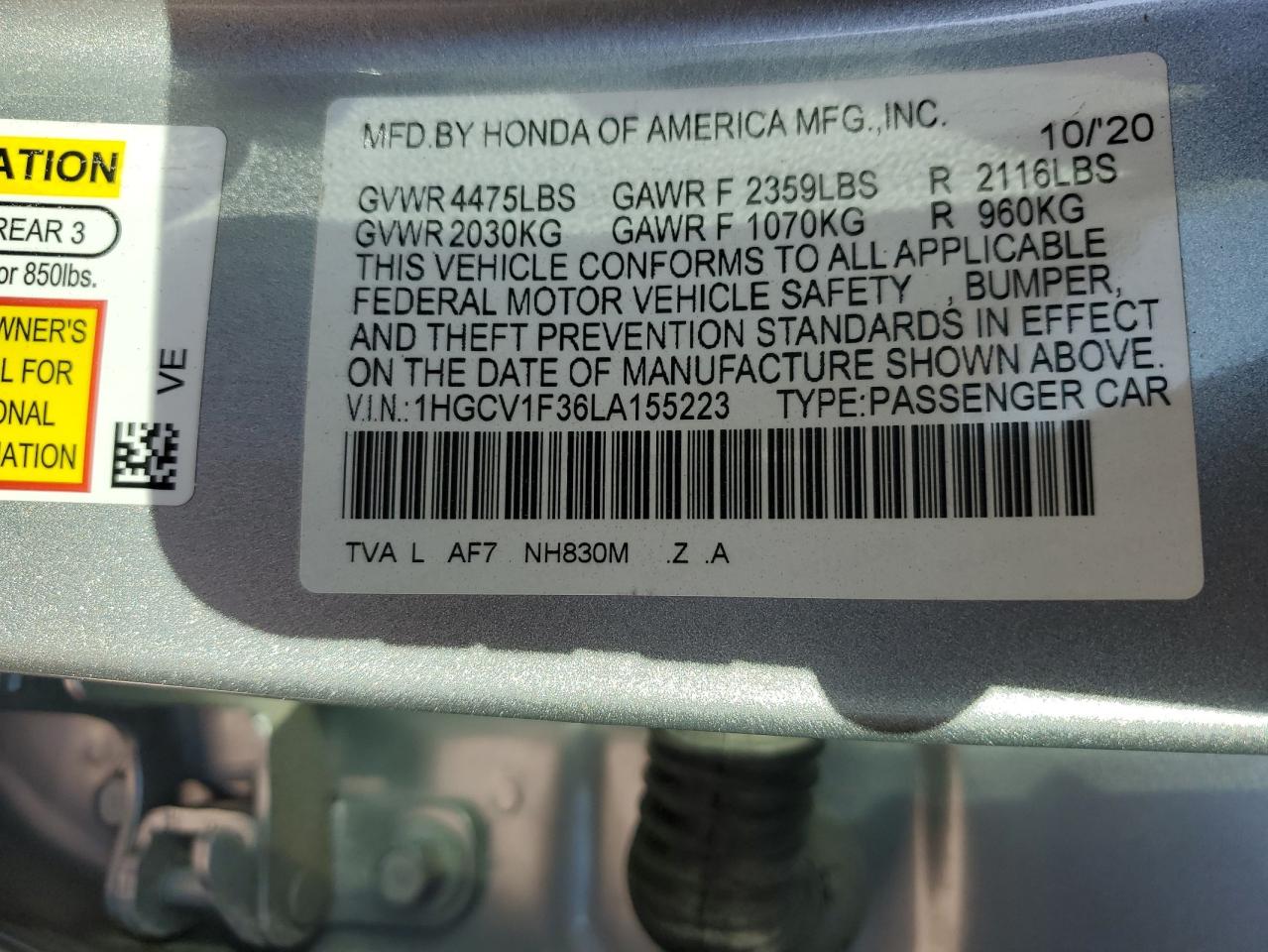 2020 Honda Accord VIN 1HGCV1F36LA155223 Copart auction photo, front end damage thumbnail 12