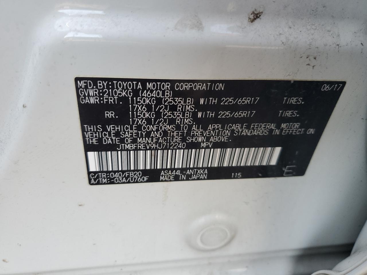2017 Toyota RAV 4 VIN JTMBFREV9HJ712240 Copart auction photo, rear end damage thumbnail 13