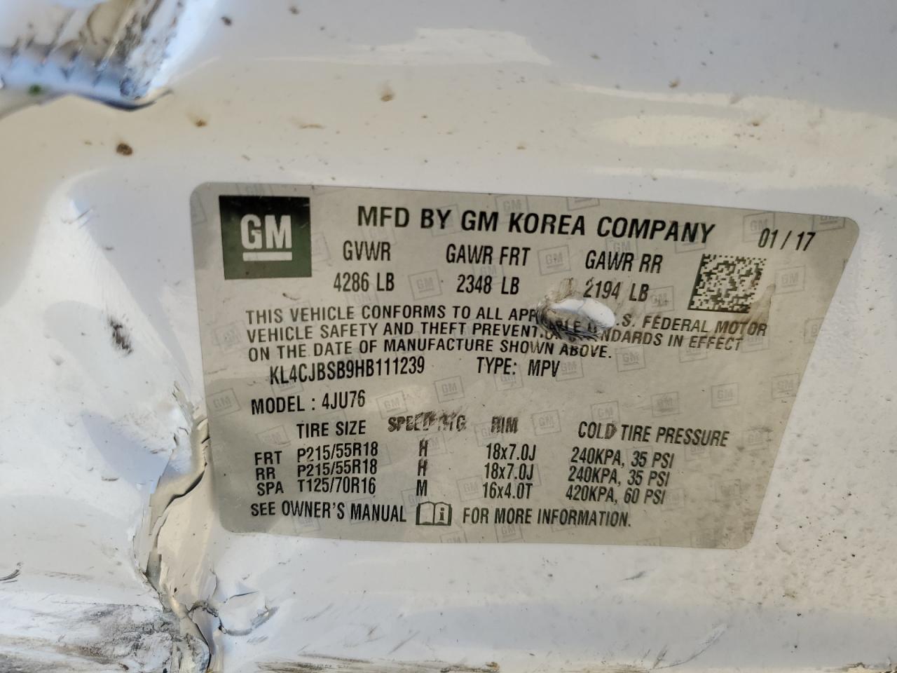 2017 Buick Encore VIN KL4CJBSB9HB111239 Copart auction photo, all over / undercarriage damage thumbnail 13