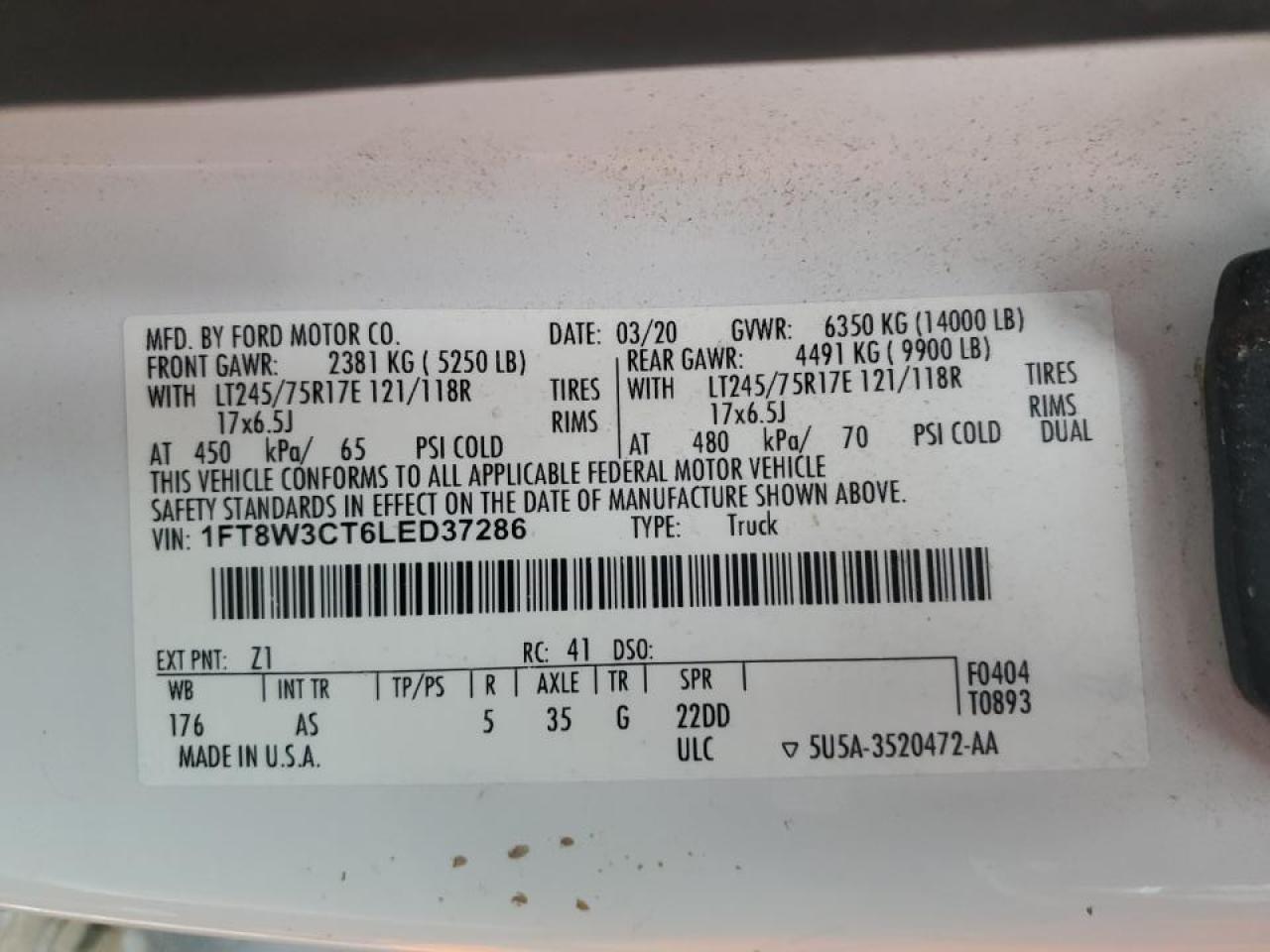 2020 Ford F350 VIN 1FT8W3CT6LED37286 Copart auction photo, front end damage thumbnail 13