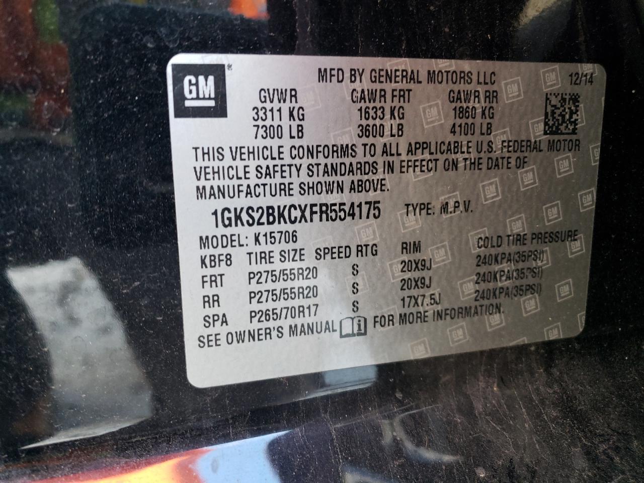 2015 GMC Yukon VIN 1GKS2BKCXFR554175 Copart auction photo, side damage thumbnail 15