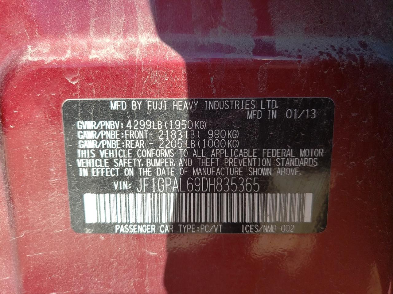 2013 Subaru Impreza VIN JF1GPAL69DH835365 Copart auction photo, front end damage thumbnail 12