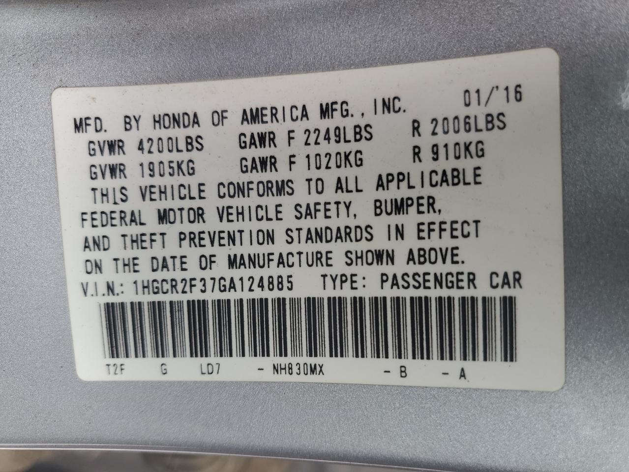 2016 Honda Accord VIN 1HGCR2F37GA124885 Copart auction photo, front end damage thumbnail 14