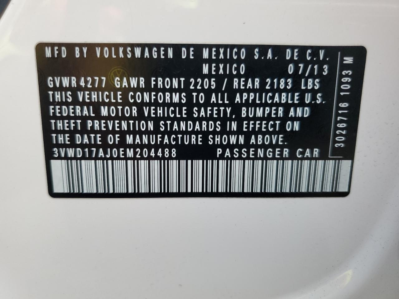 2014 Volkswagen Jetta VIN 3VWD17AJ0EM204488 Copart auction photo, front end damage thumbnail 12