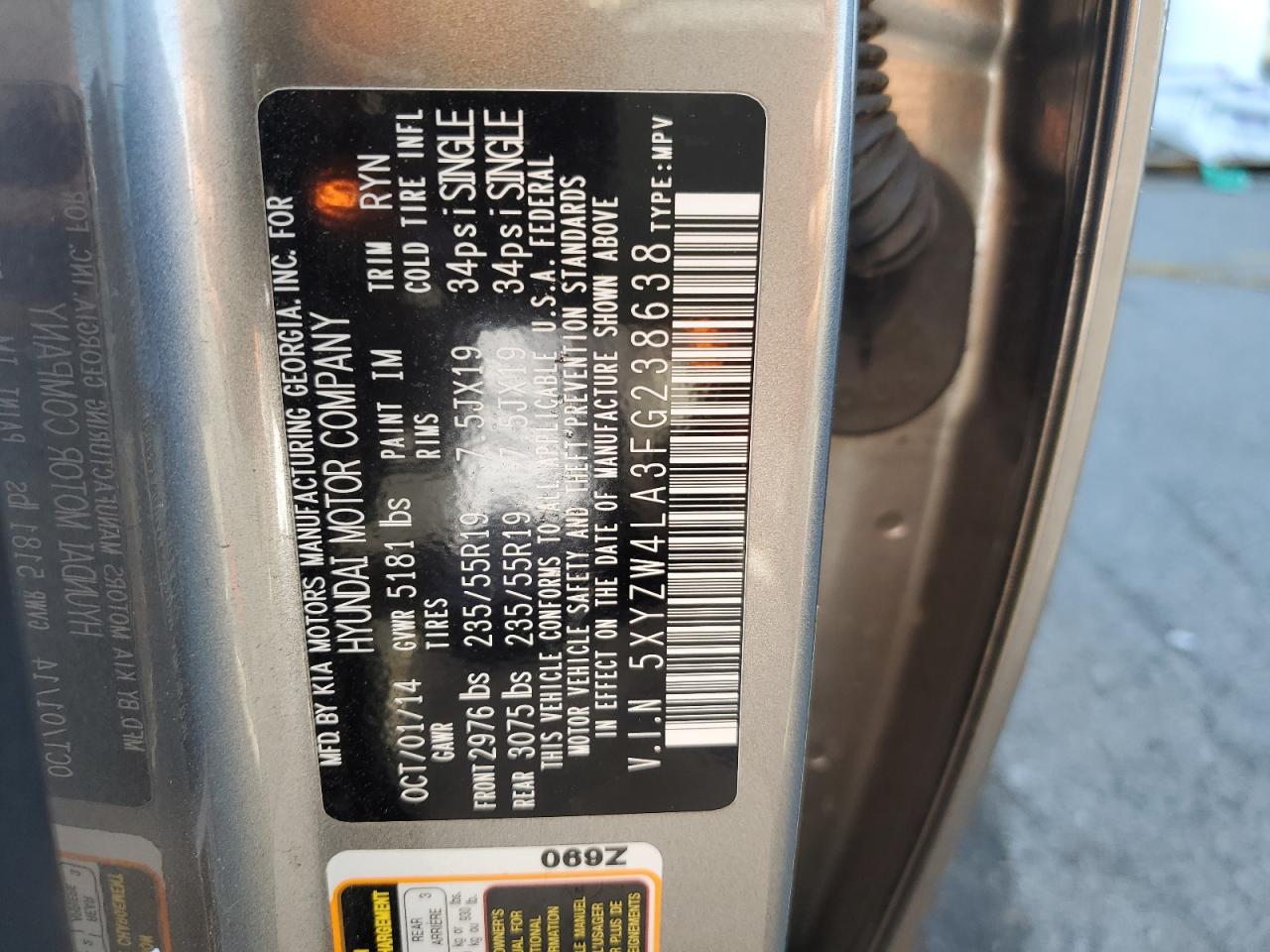 2015 Hyundai Santa Fe VIN 5XYZW4LA3FG238638 Copart auction photo, front end damage thumbnail 13