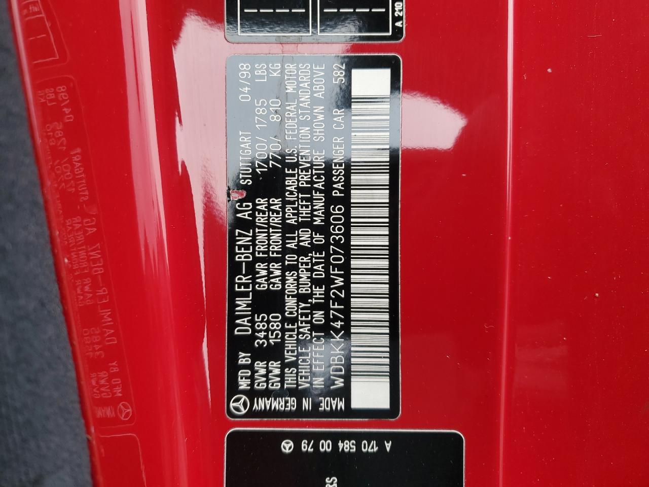 1998 Mercedes-Benz SLK-klasse VIN WDBKK47F2WF073606 Copart auction photo, front end / side damage thumbnail 12