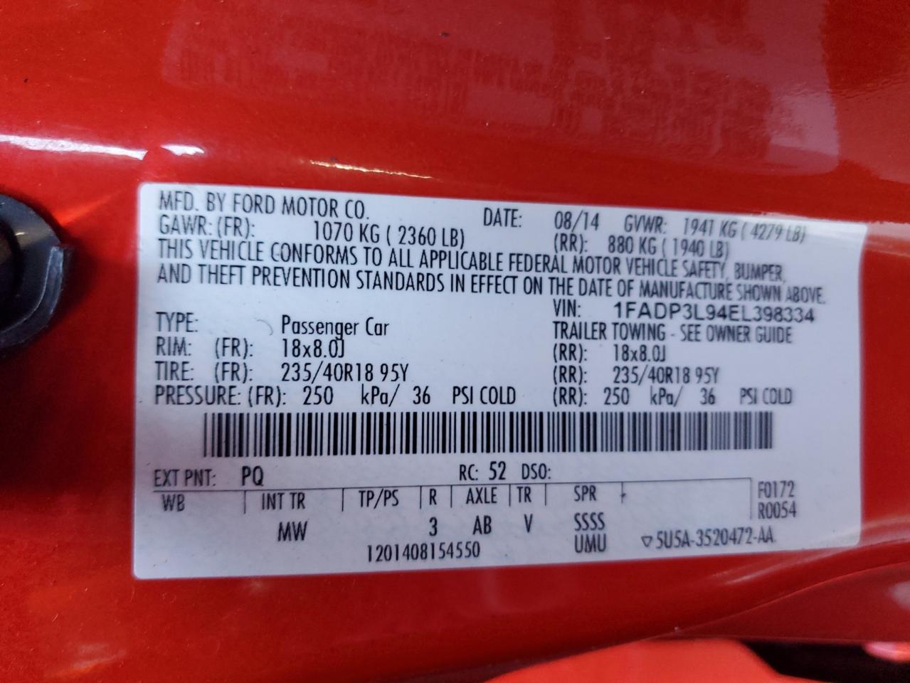 2014 Ford Focus VIN 1FADP3L94EL398334 Copart auction photo, front end / rear end damage thumbnail 12