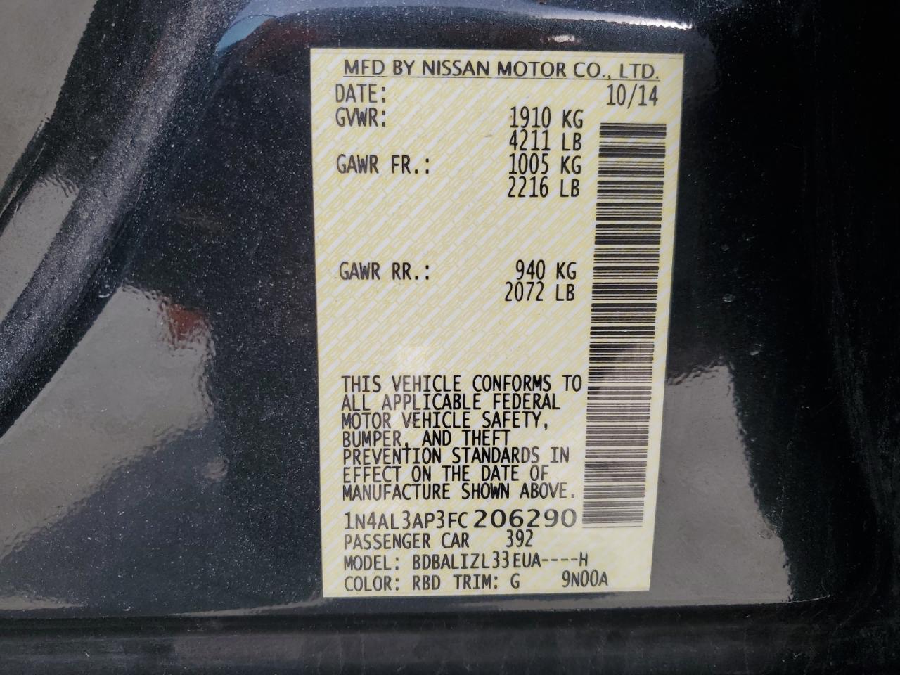 2015 Nissan Altima VIN 1N4AL3AP3FC206290 Copart auction photo, side damage thumbnail 14