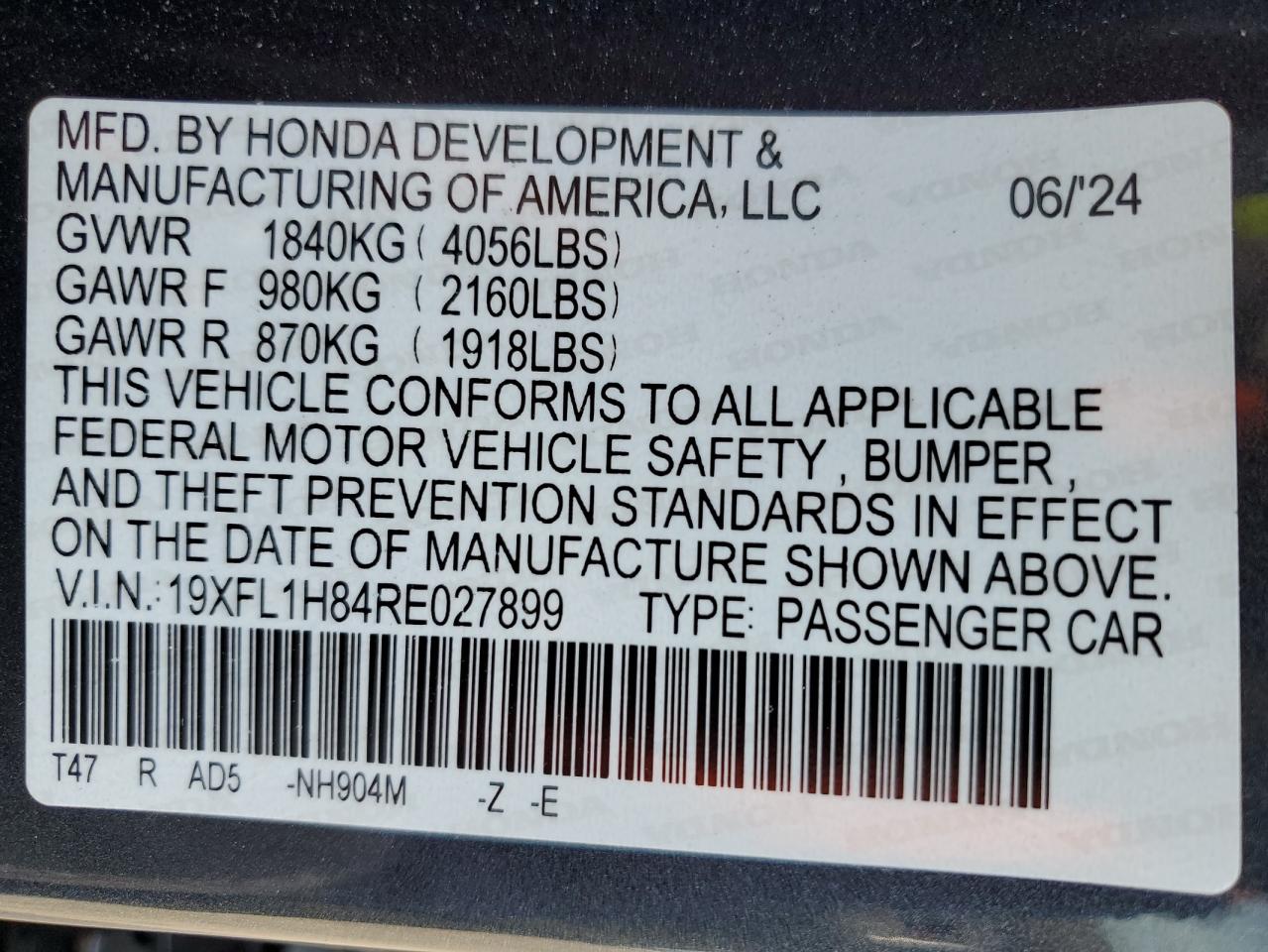 2024 Honda Civic VIN 19XFL1H84RE027899 Copart auction photo, front end damage thumbnail 12