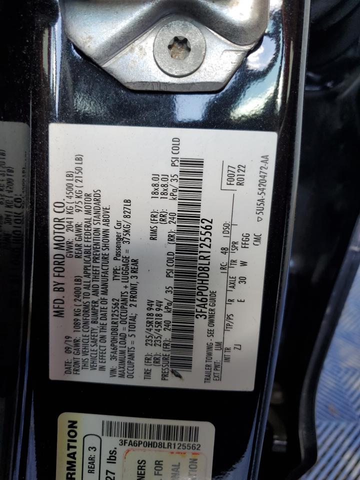 2020 Ford Fusion VIN 3FA6P0HD8LR125562 Copart auction photo, mechanical / minor dent/scratches damage thumbnail 12