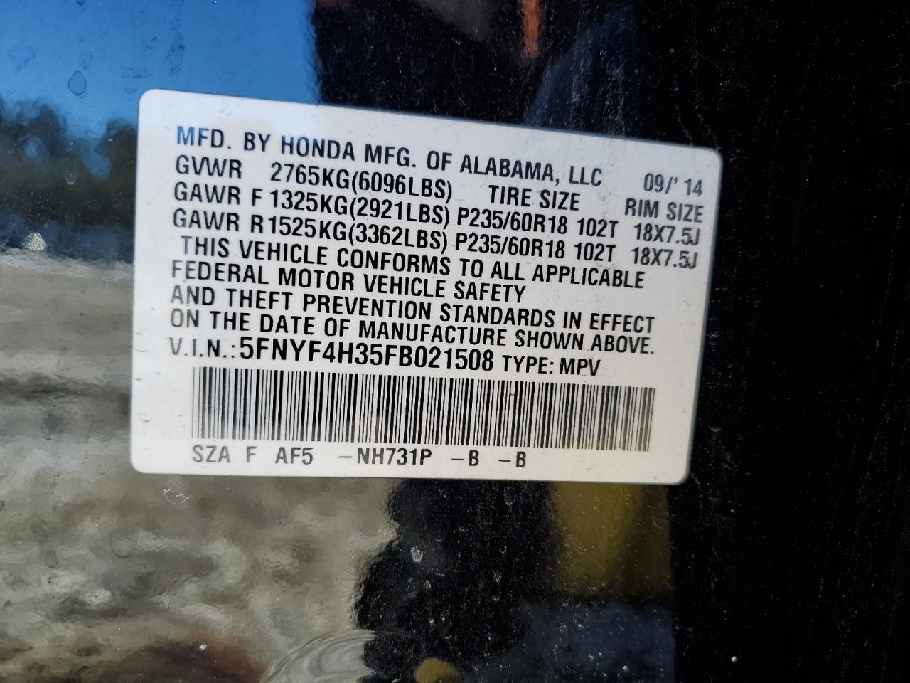 2015 Honda Pilot VIN 5FNYF4H35FB021508 Copart auction photo, front end damage thumbnail 13