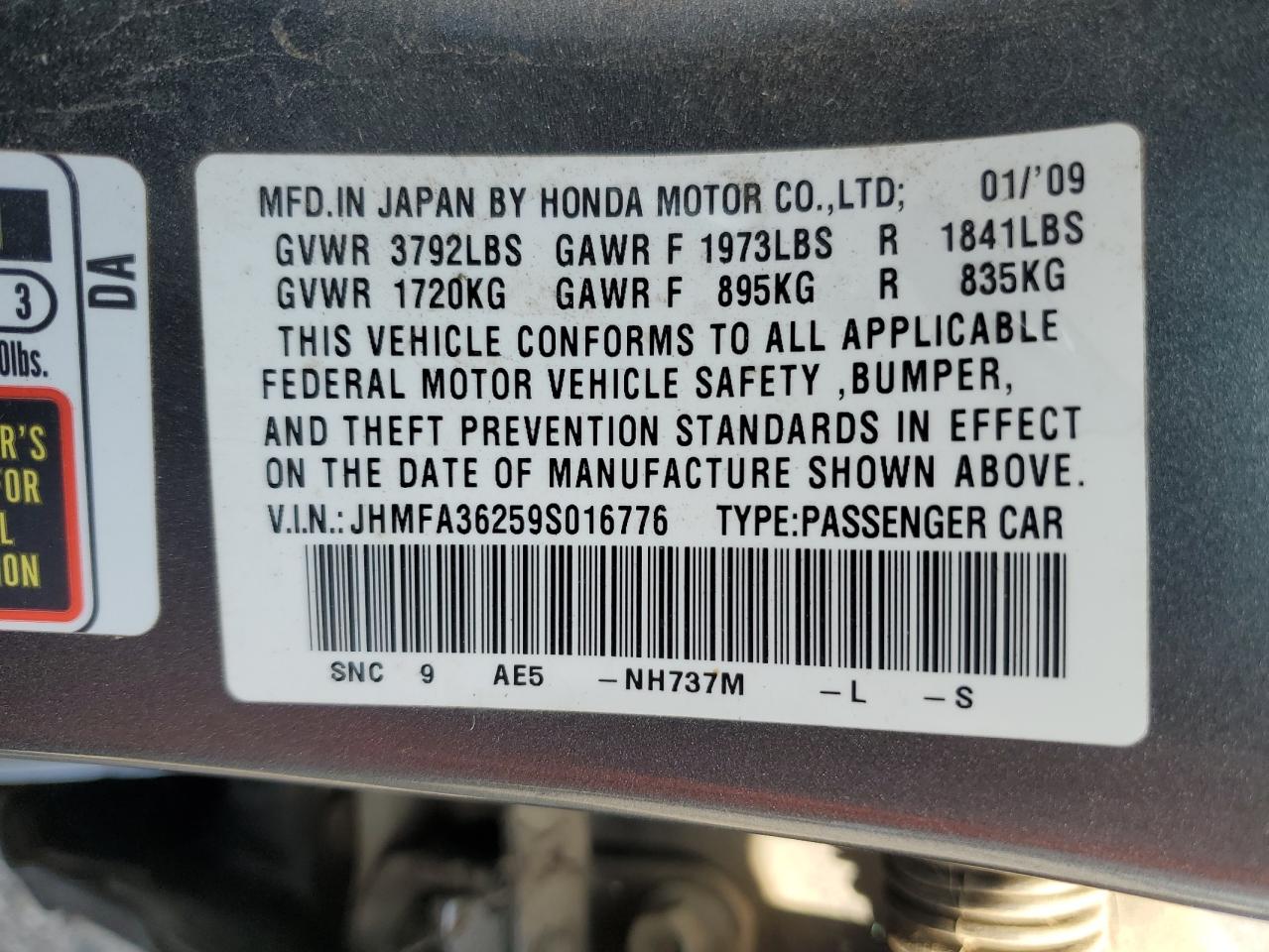 2009 Honda Civic VIN JHMFA36259S016776 Copart auction photo, rear end / minor dent/scratches damage thumbnail 13